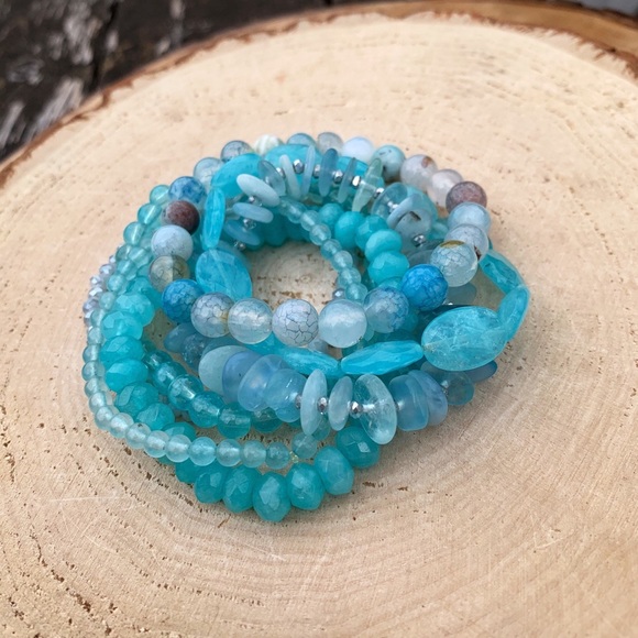 Natural Blue Aquamarine, Azure Amazonite & Agate Gemstone Beads Bracelet Stack - Picture 9 of 12